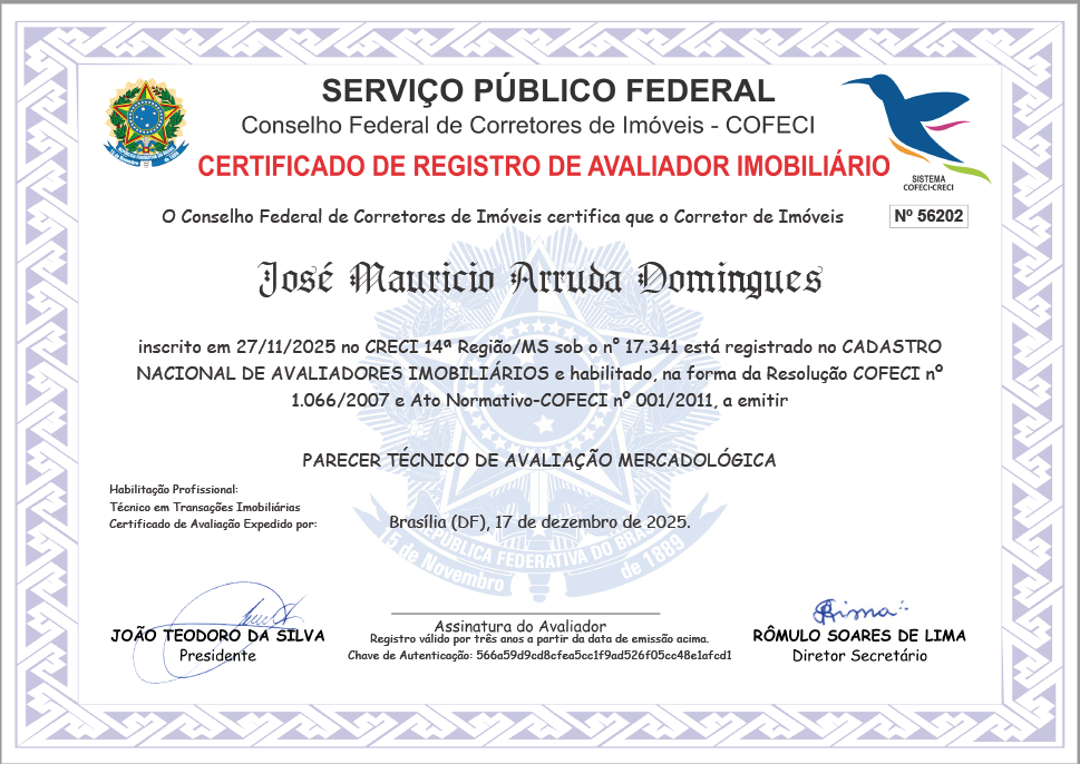 Certificado de Registro de Avaliador Imobiliário COFECI nº 56202