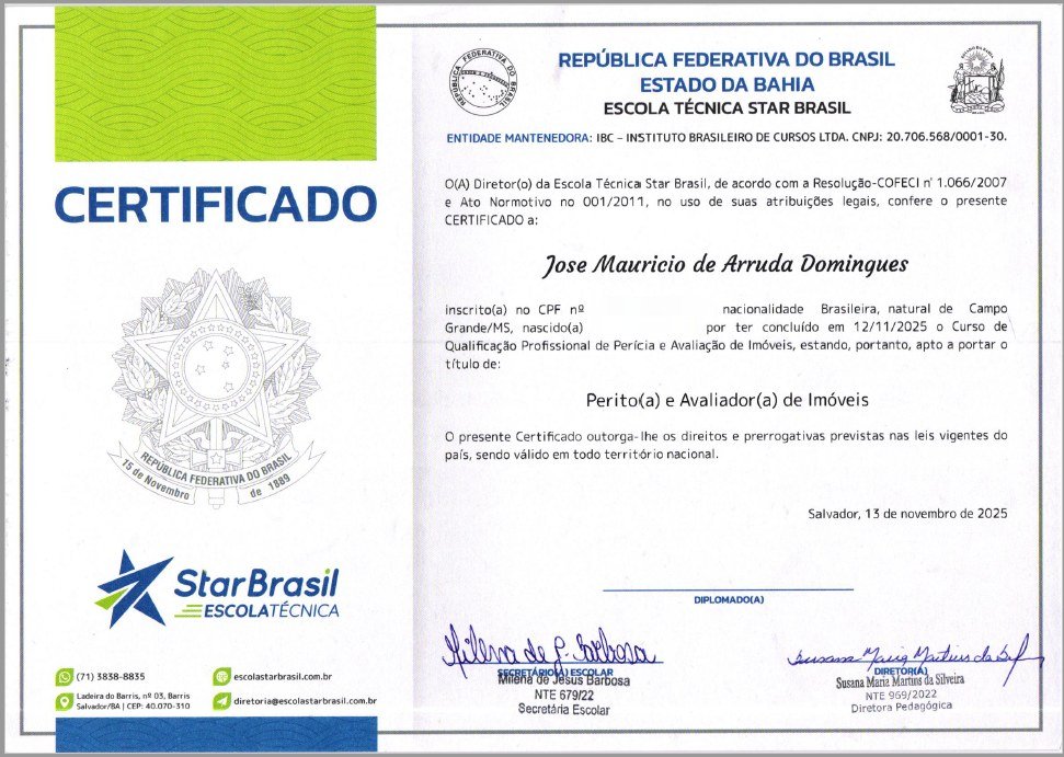 Certificado de Perito e Avaliador de Imóveis — Escola Técnica Star Brasil (dados pessoais borrados)