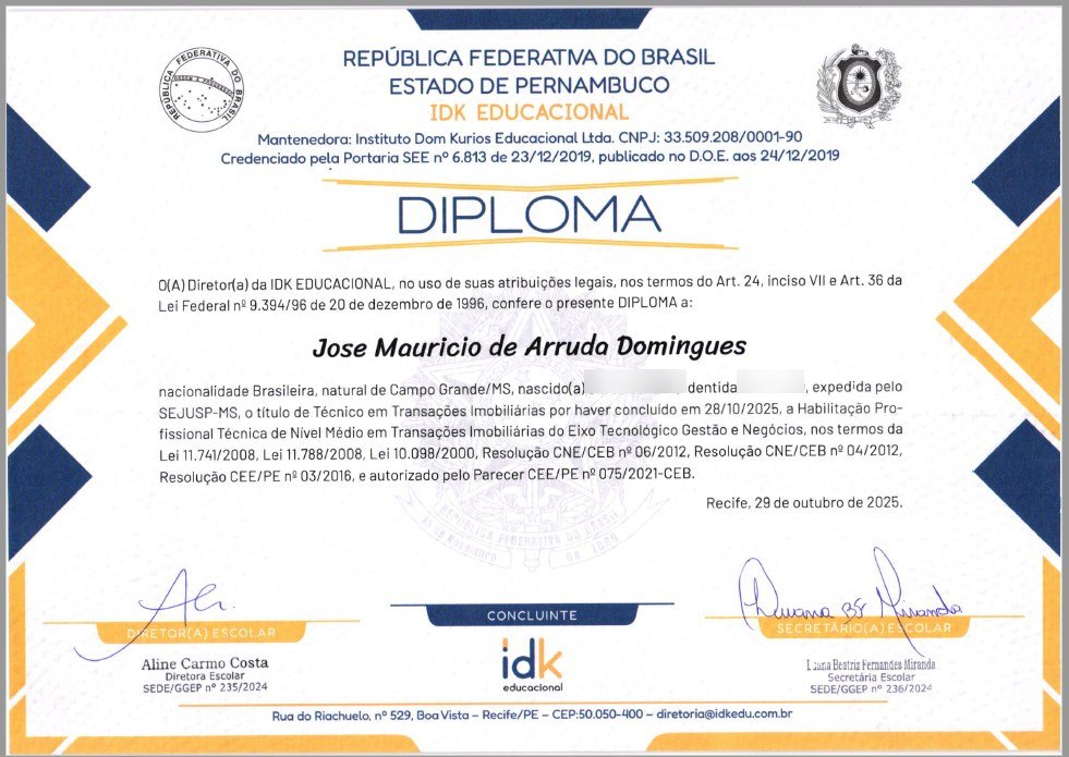 Diploma de Técnico em Transações Imobiliárias — IDK Educacional (dados pessoais borrados)