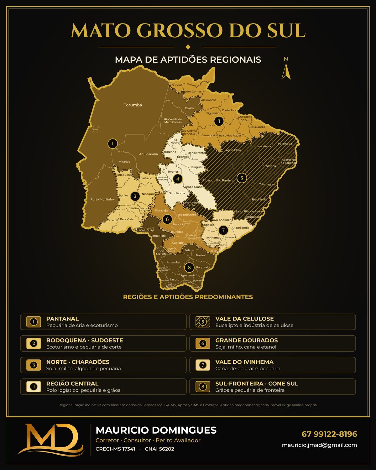 Mapa de aptidões regionais de Mato Grosso do Sul com as oito regiões numeradas e os principais municípios