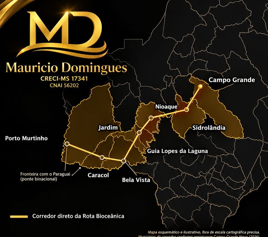 Mapa esquemático do corredor da Rota Bioceânica em Mato Grosso do Sul: Campo Grande, Sidrolândia, Nioaque, Guia Lopes da Laguna, Jardim, Bela Vista, Caracol e Porto Murtinho